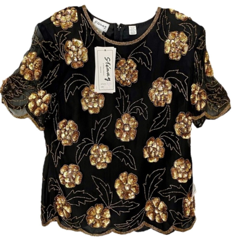 VINTAGE STENAY Blouse Top 100% Silk Black with Gold Sequin Women Plus Size 18